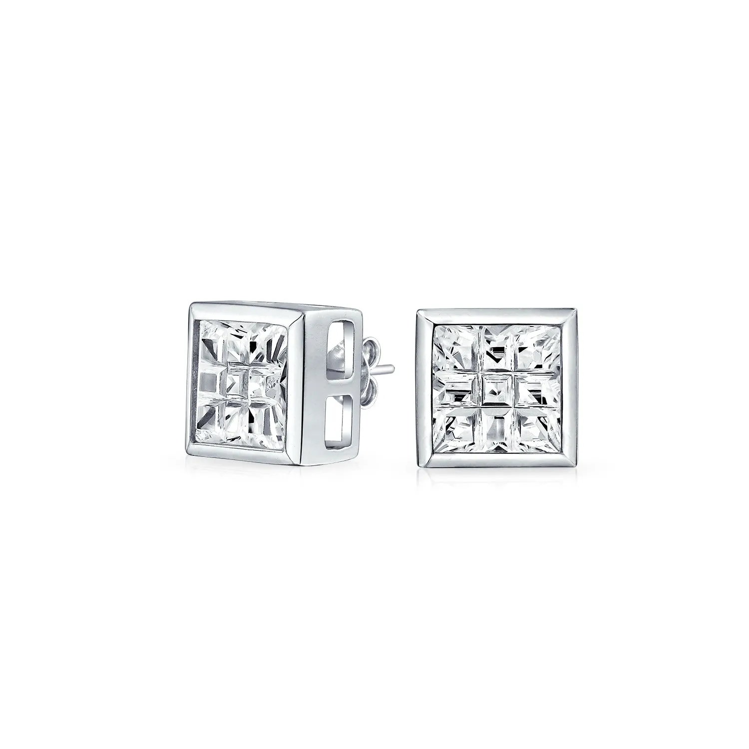 AAA CZ Cubic Zirconia Bezel Set Invisible Checkboard Cut Stud Earrings