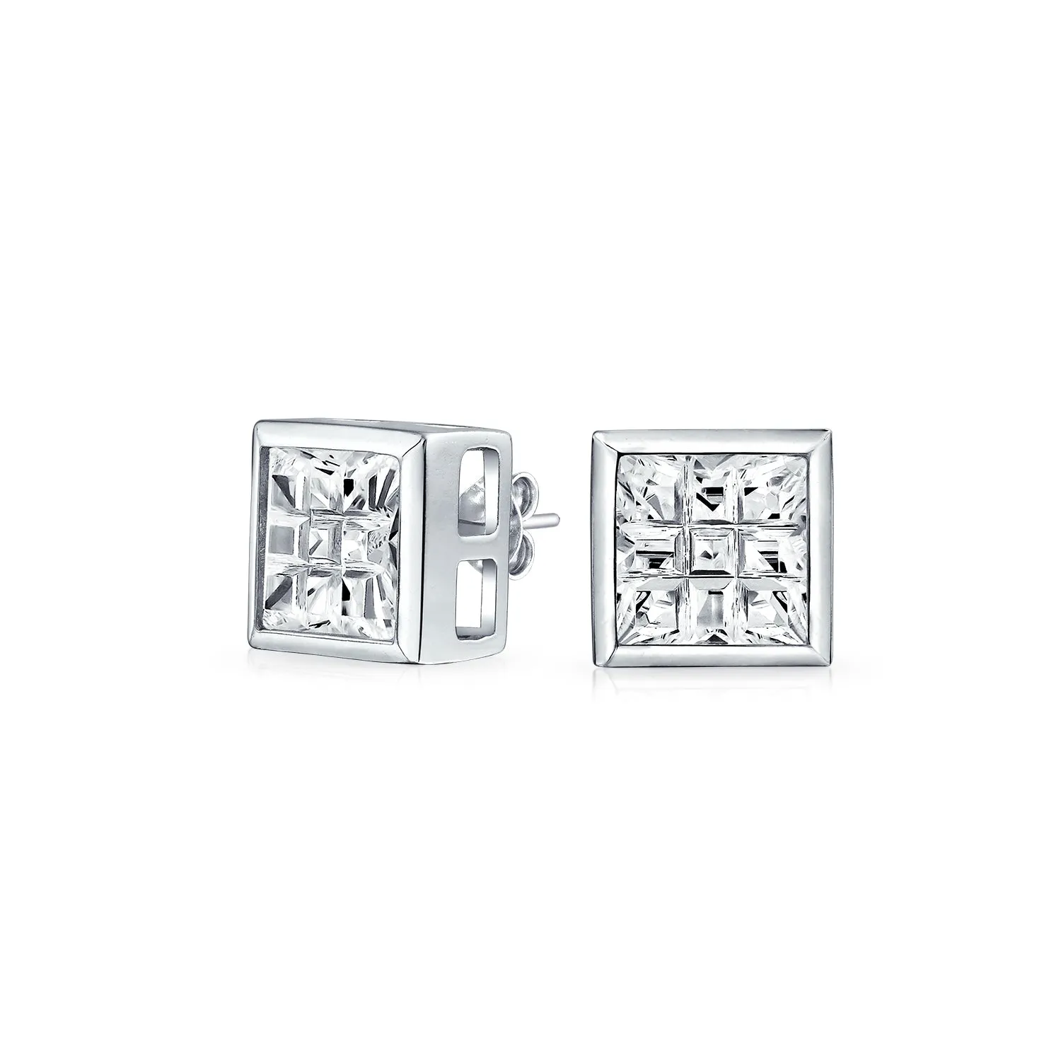 AAA CZ Cubic Zirconia Bezel Set Invisible Checkboard Cut Stud Earrings