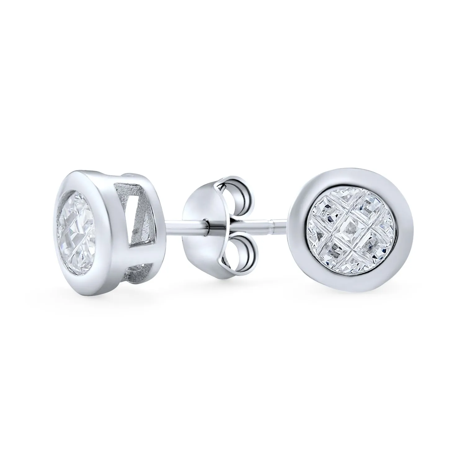 AAA CZ Cubic Zirconia Bezel Set Invisible Checkboard Cut Stud Earrings