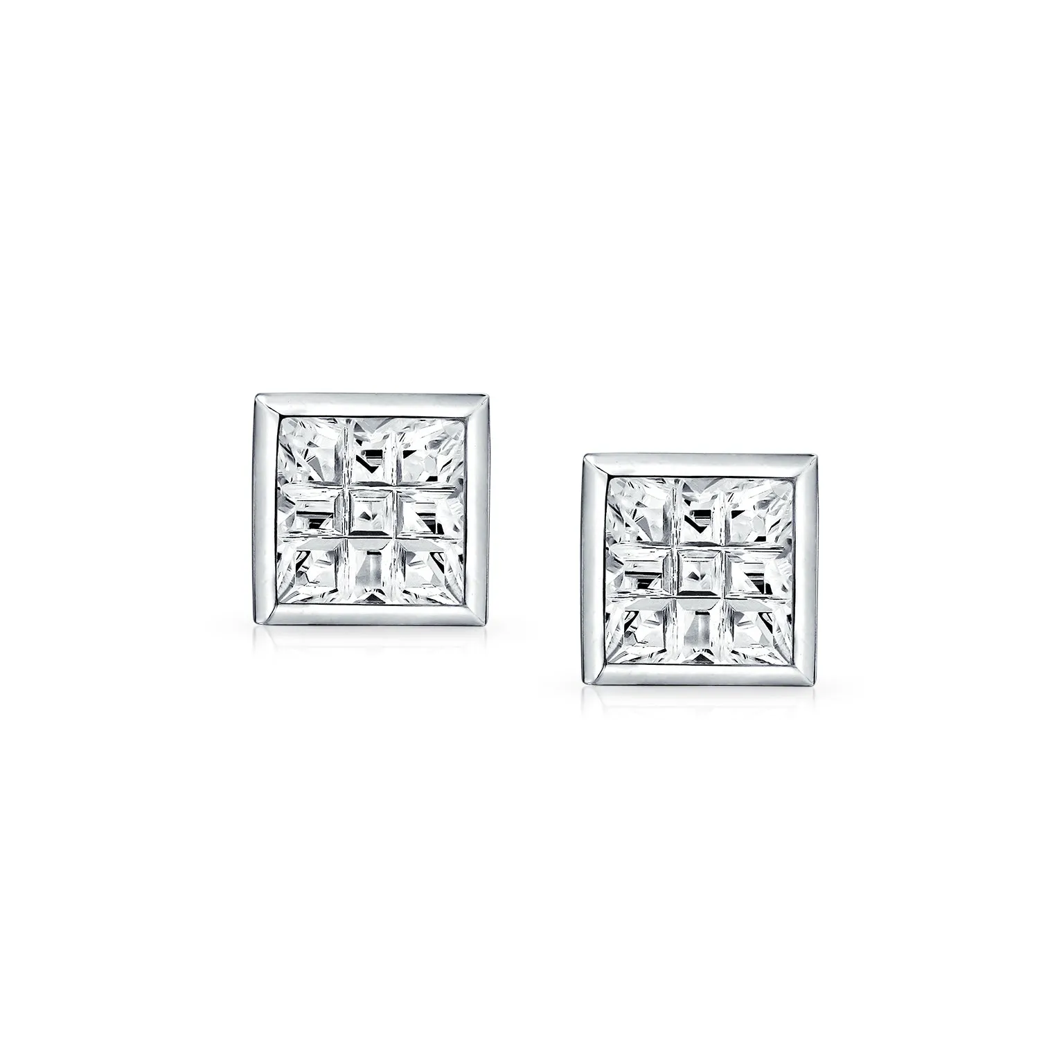 AAA CZ Cubic Zirconia Bezel Set Invisible Checkboard Cut Stud Earrings