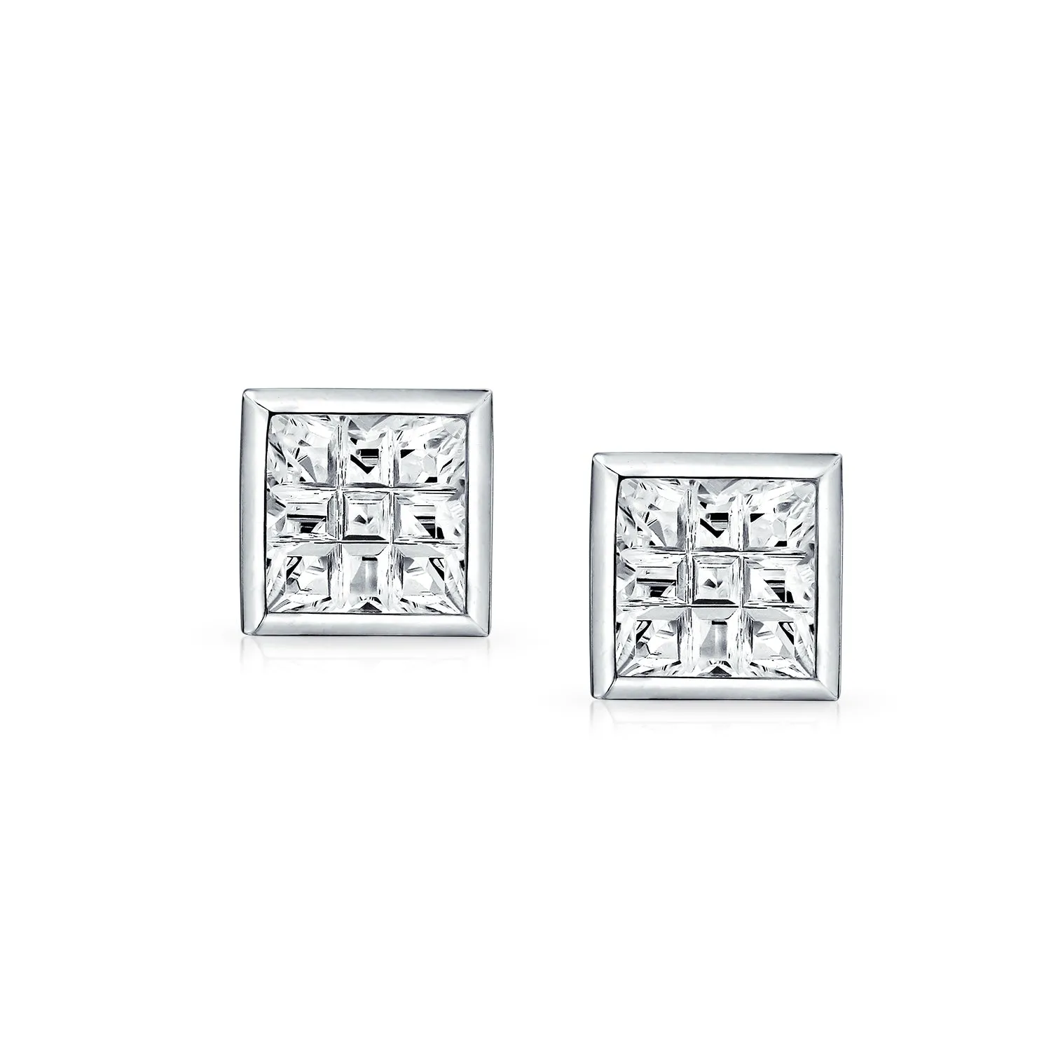 AAA CZ Cubic Zirconia Bezel Set Invisible Checkboard Cut Stud Earrings