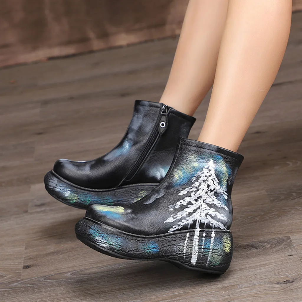 Autumn Winter Thick Painted Leather Fashion Women's Short Boots | Gift Shoes