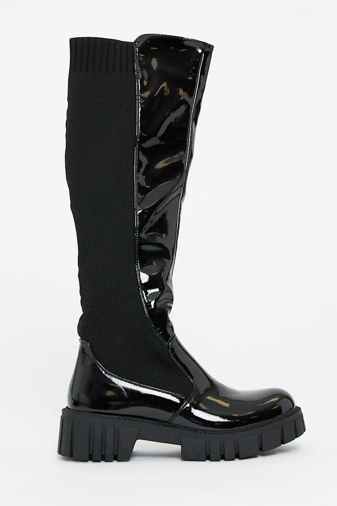 Black PU Patent Faux Leather Knee High Boots - Lain