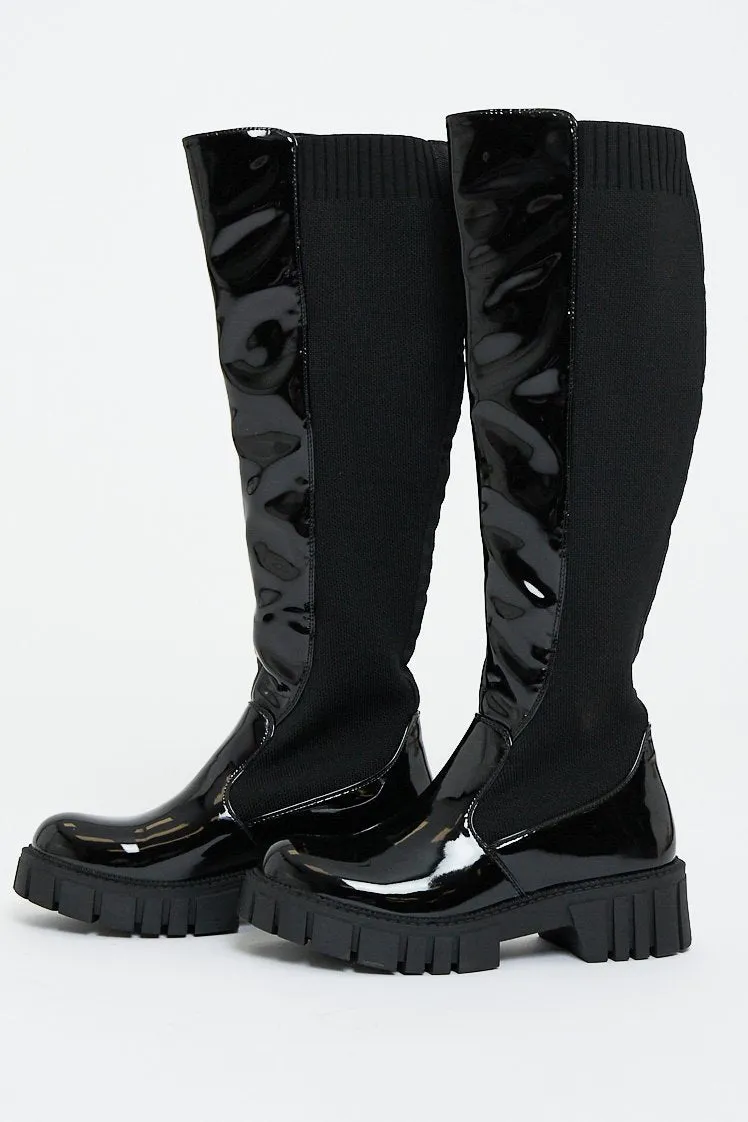 Black PU Patent Faux Leather Knee High Boots - Lain