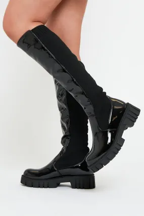 Black PU Patent Faux Leather Knee High Boots - Lain