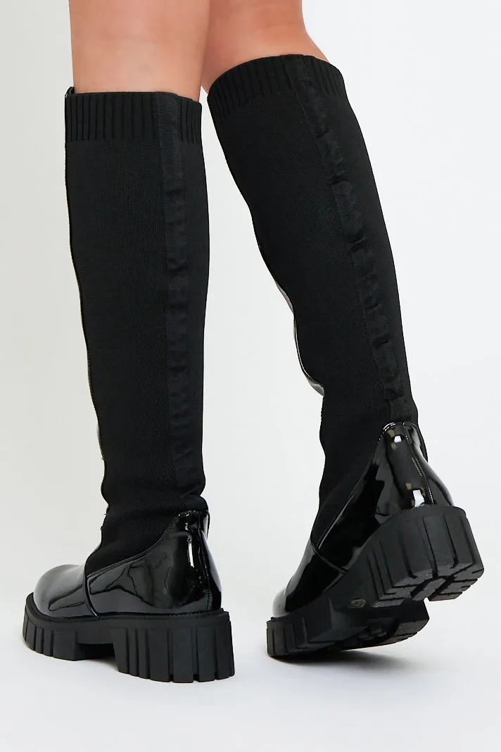 Black PU Patent Faux Leather Knee High Boots - Lain