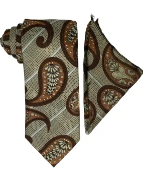 Bruno Conte Geometric Paisley Tie and Handkerchief - Taupe Brown