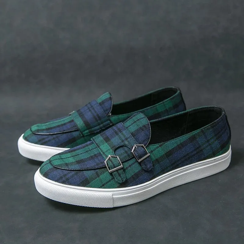 Canvas Plaid Men's Loafers: Classic Fashion Moccasins with Double Buckle