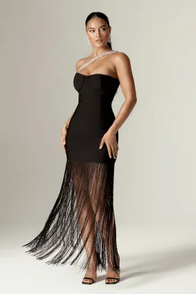 Catia Rhinestone Bandage Fringe Trim Maxi Dress (Black)