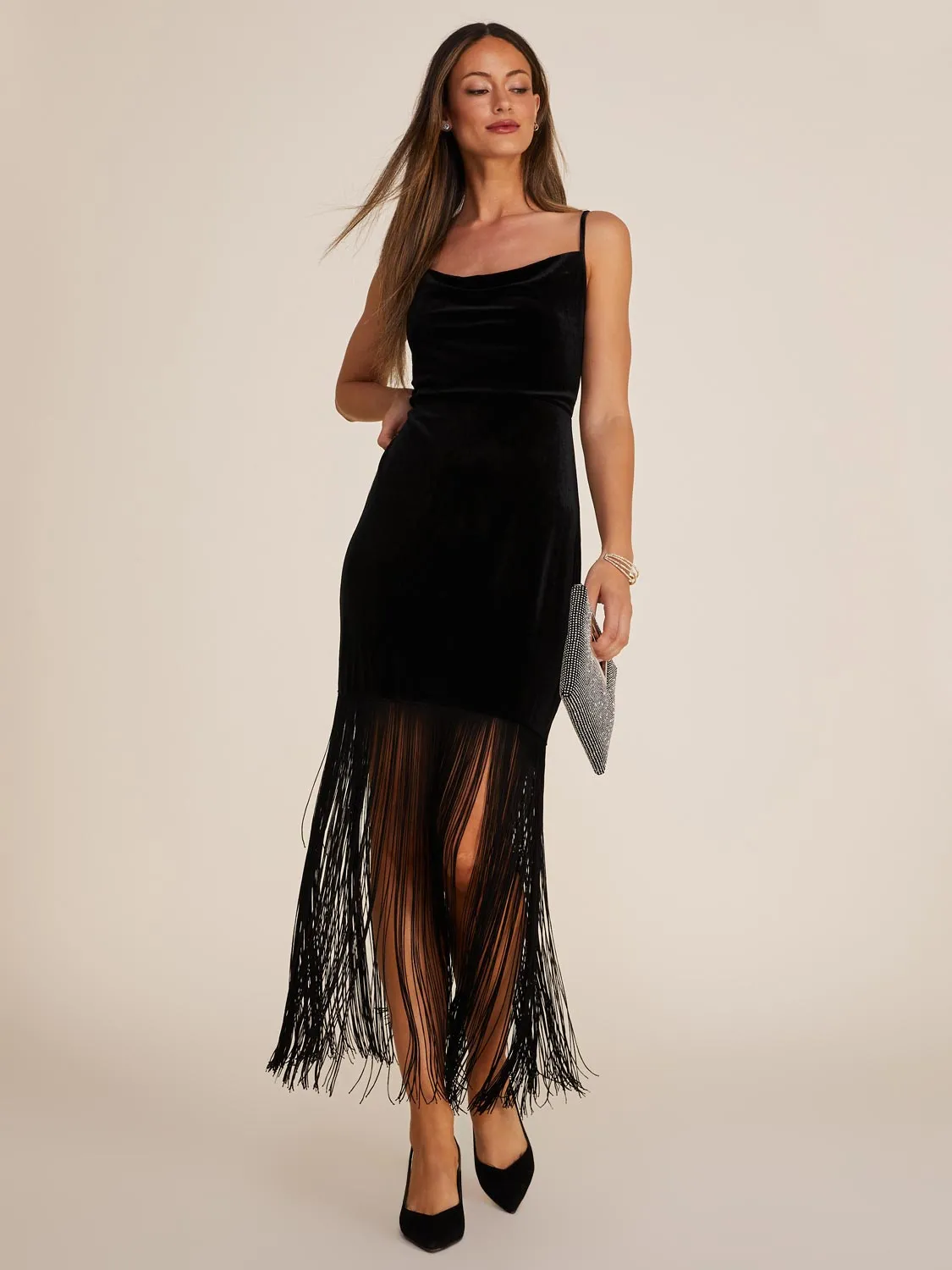 Cowl Neck Velvet Gown With Fringe Hemline