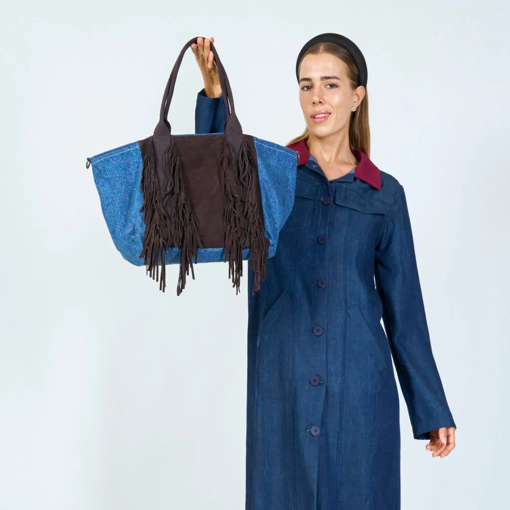 Denim and suede fringe tote bags wholesale