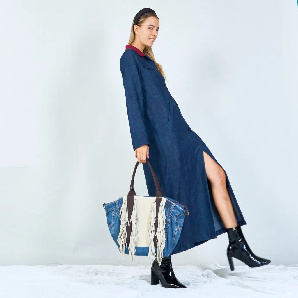 Denim and suede fringe tote bags wholesale