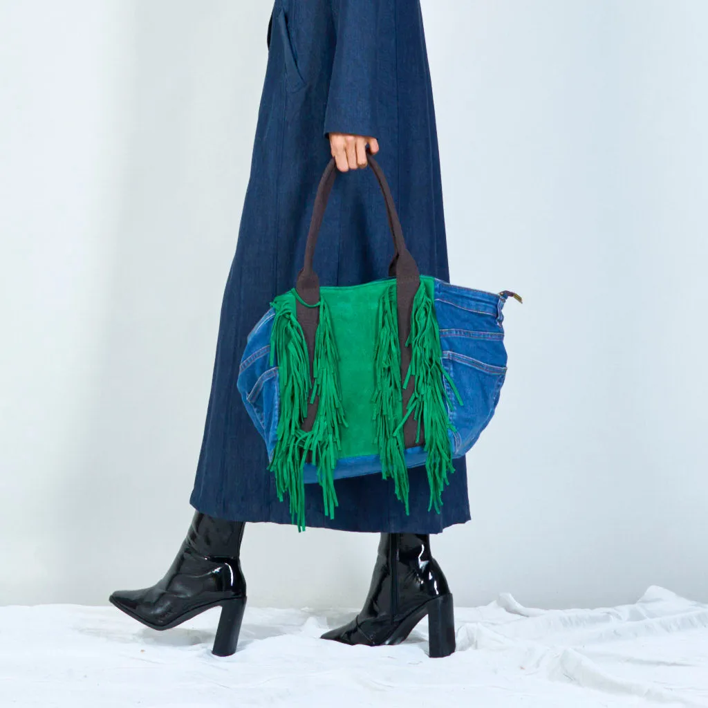 Denim and suede fringe tote bags wholesale