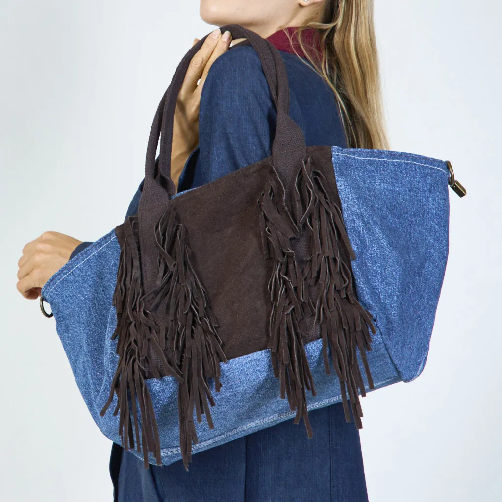 Denim and suede fringe tote bags wholesale