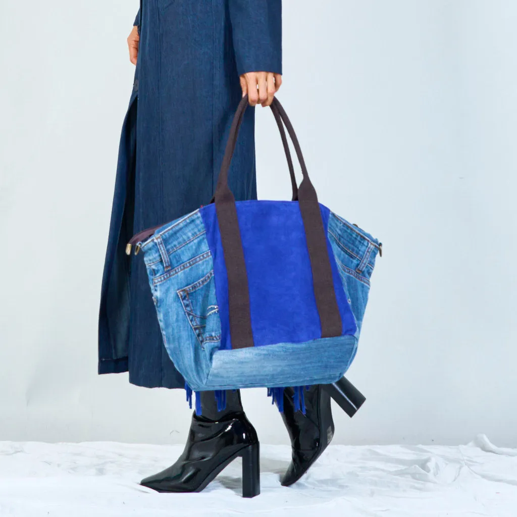 Denim and suede fringe tote bags wholesale