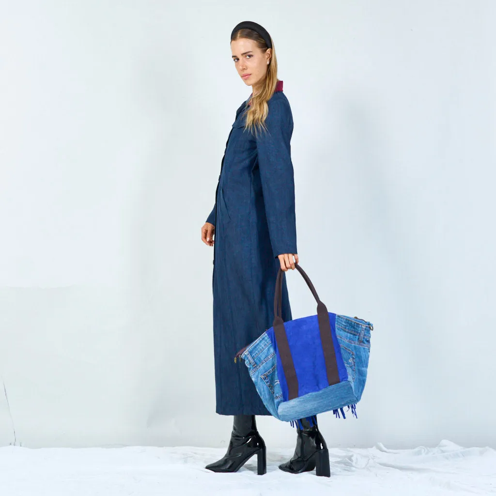 Denim and suede fringe tote bags wholesale