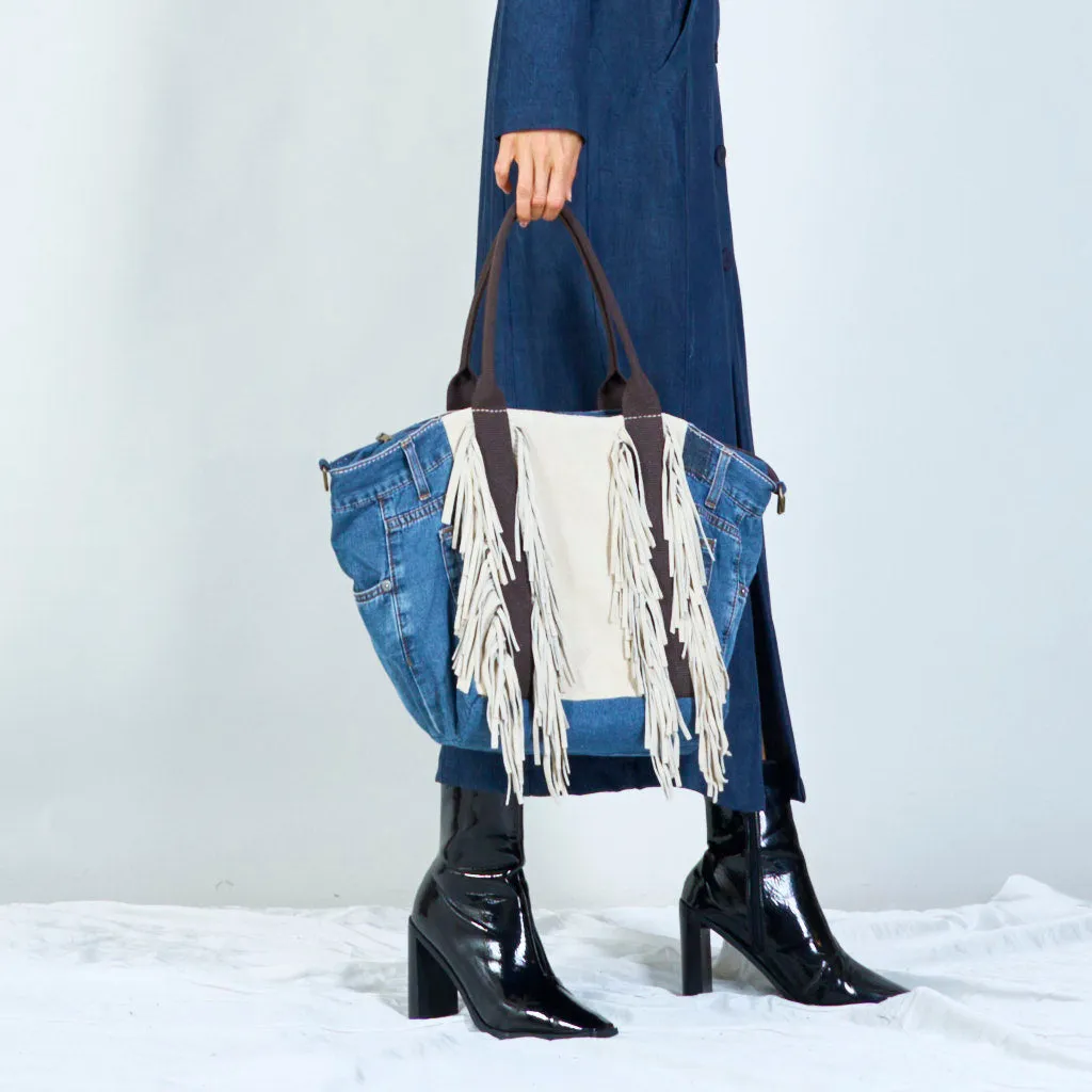 Denim and suede fringe tote bags wholesale