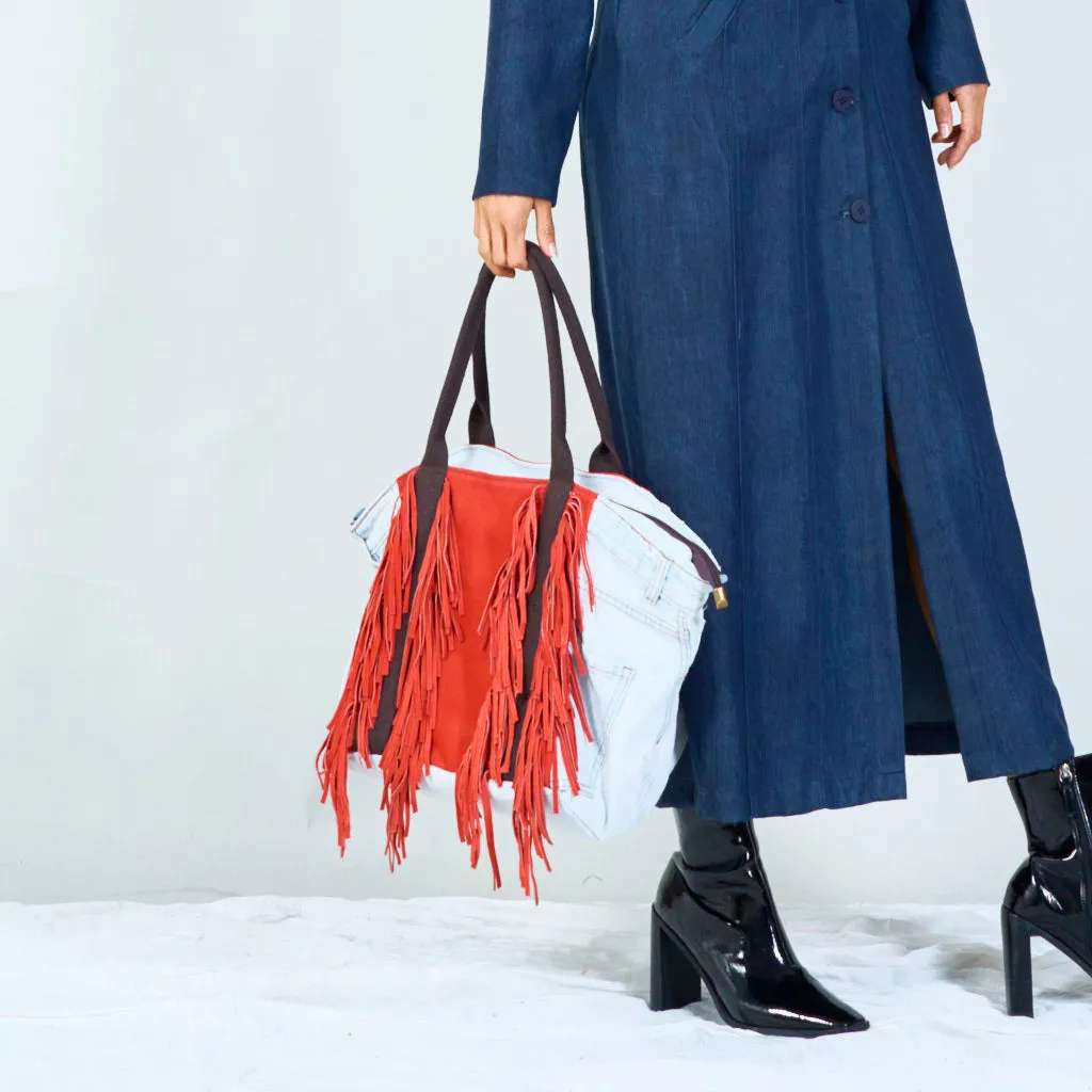 Denim and suede fringe tote bags wholesale