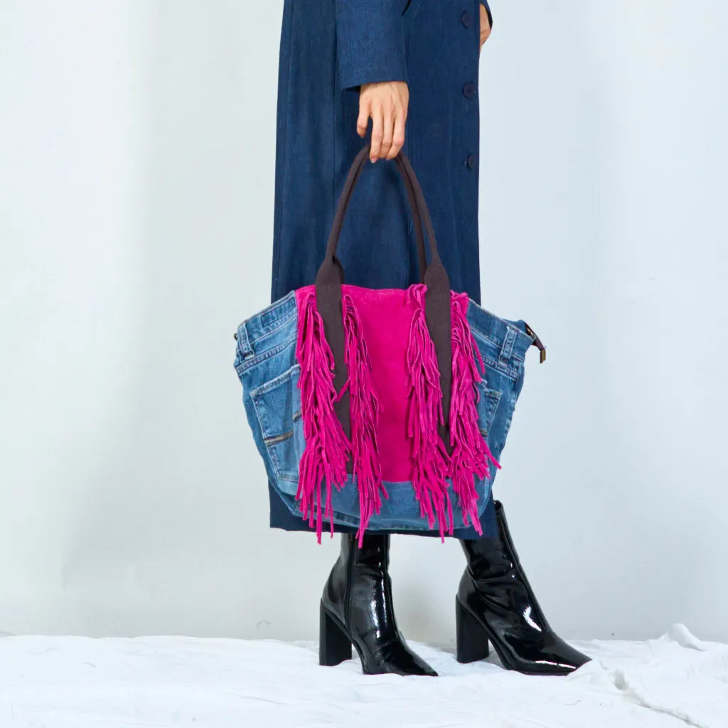 Denim and suede fringe tote bags wholesale