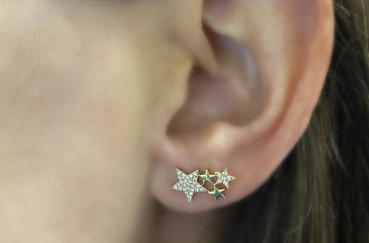 Earrings 14kt Gold Four Stars & Diamonds Stud