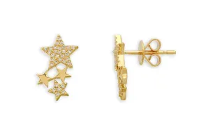 Earrings 14kt Gold Four Stars & Diamonds Stud