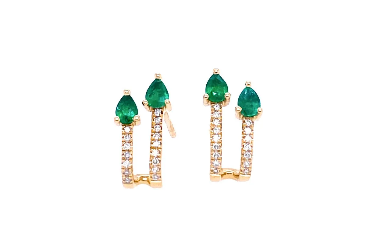 Earrings 14kt Gold Illusion Huggie Emeralds & Diamonds