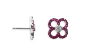 Earrings 14kt Gold Rubies Line Flowers & Diamonds