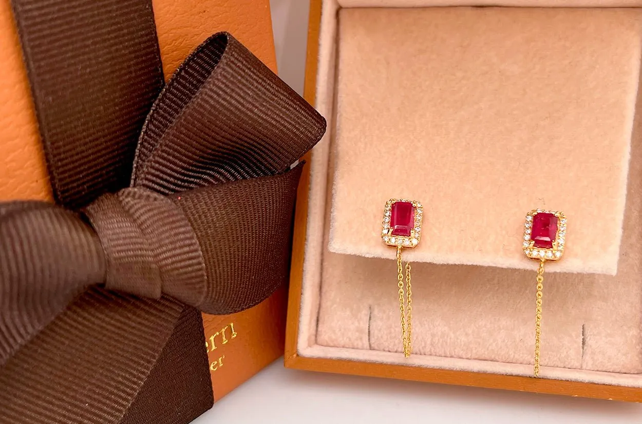 Earrings 14kt Gold Rubies Studs Chain & Diamonds