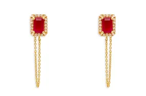 Earrings 14kt Gold Rubies Studs Chain & Diamonds