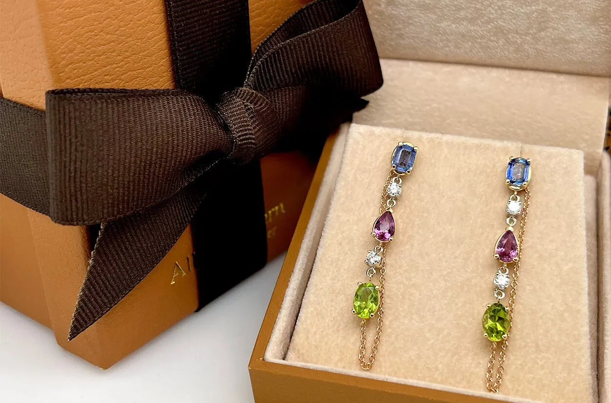 Earrings 18kt Gold Gemstones Studs Chain & Diamonds Drop