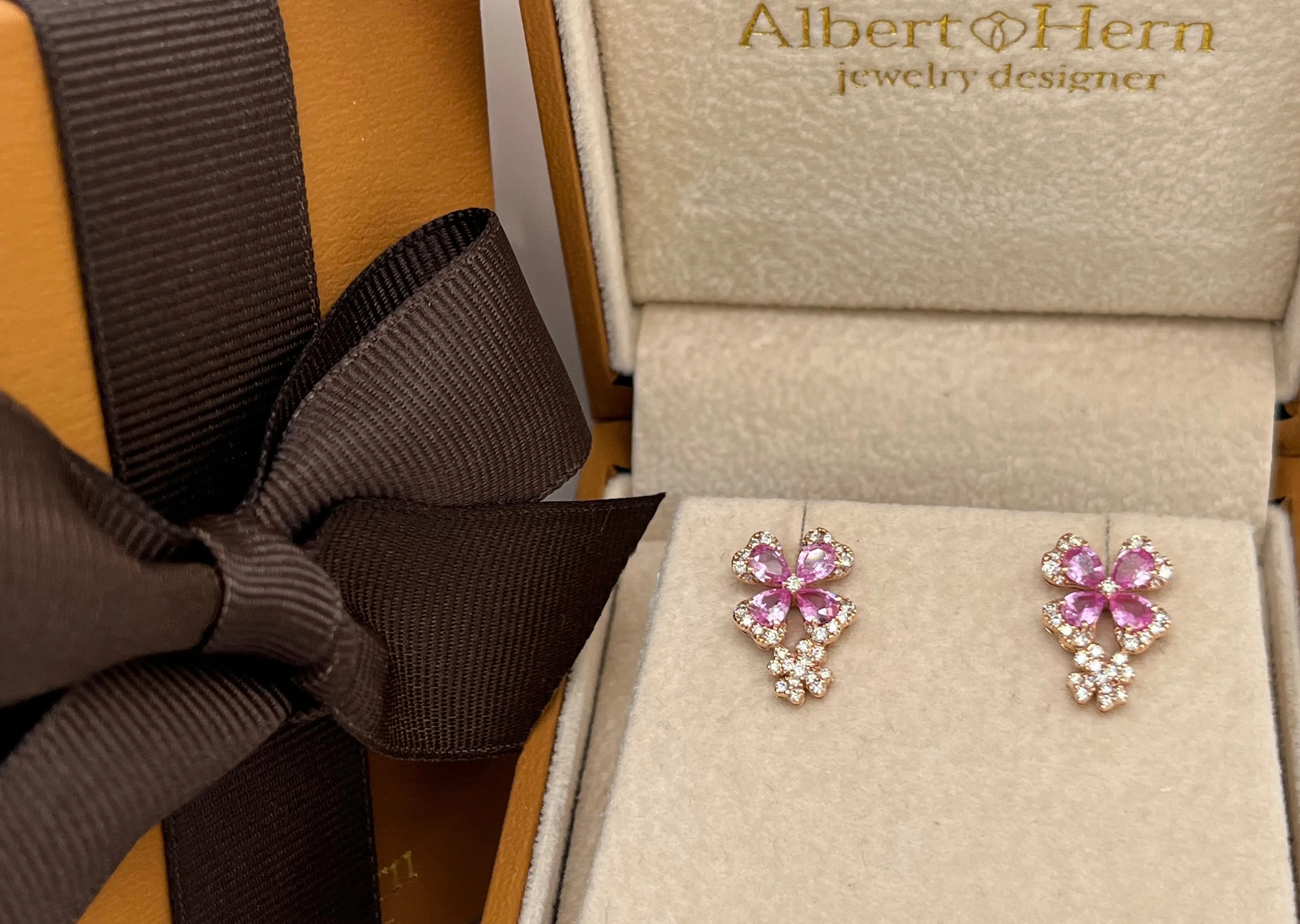 Earrings 18kt Rose Gold Two Flowers Pink Sapphire & Diamonds