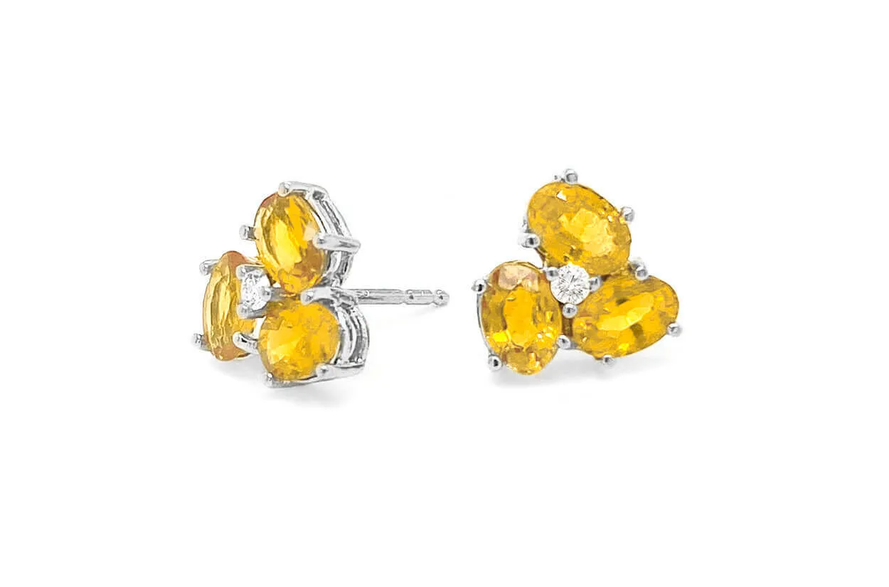 Earrings Center Diamond and Oval Gemstones Flower 18kt Gold