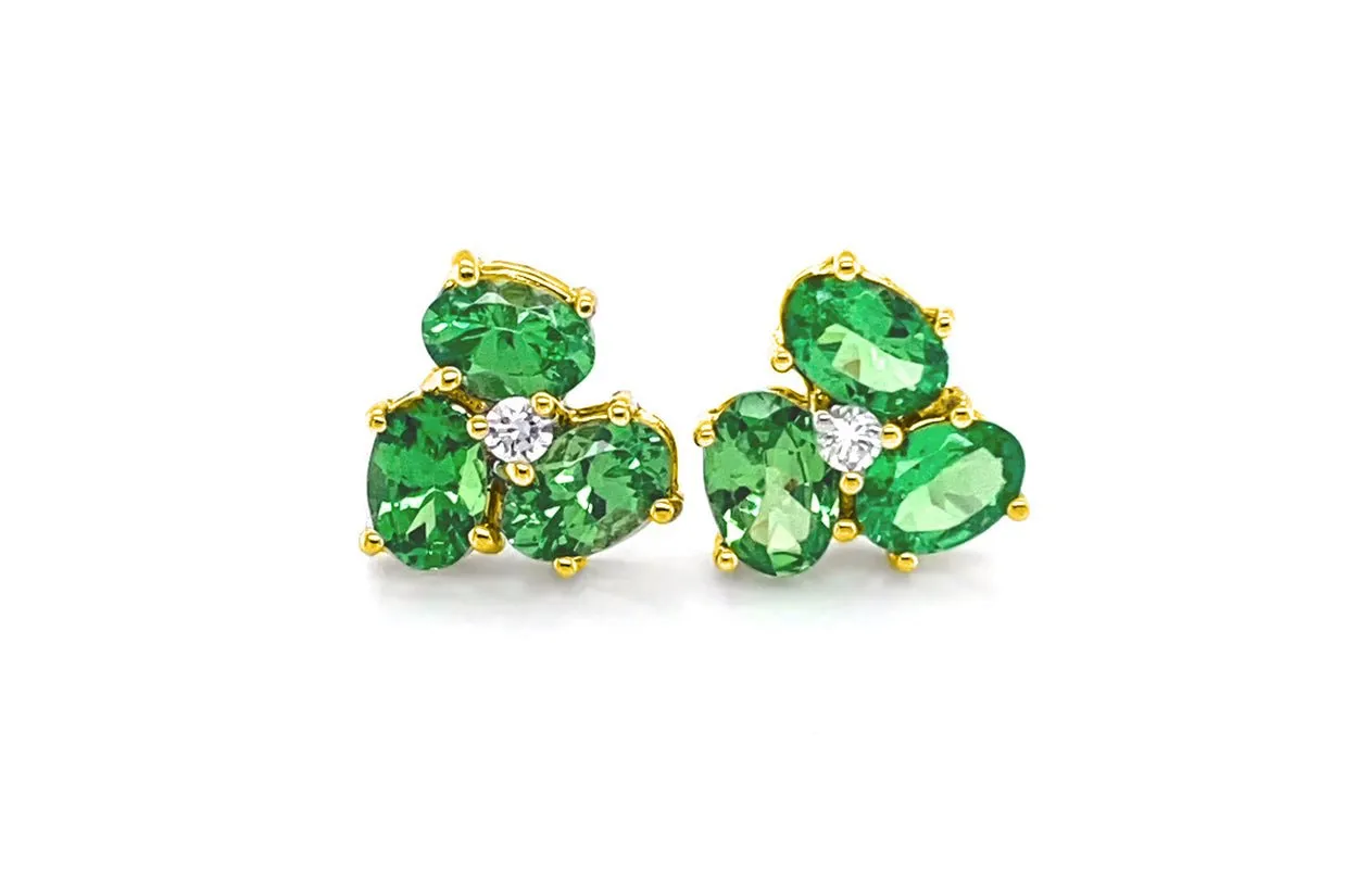 Earrings Center Diamond and Oval Gemstones Flower 18kt Gold