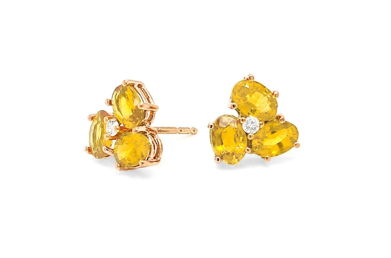 Earrings Center Diamond and Oval Gemstones Flower 18kt Gold