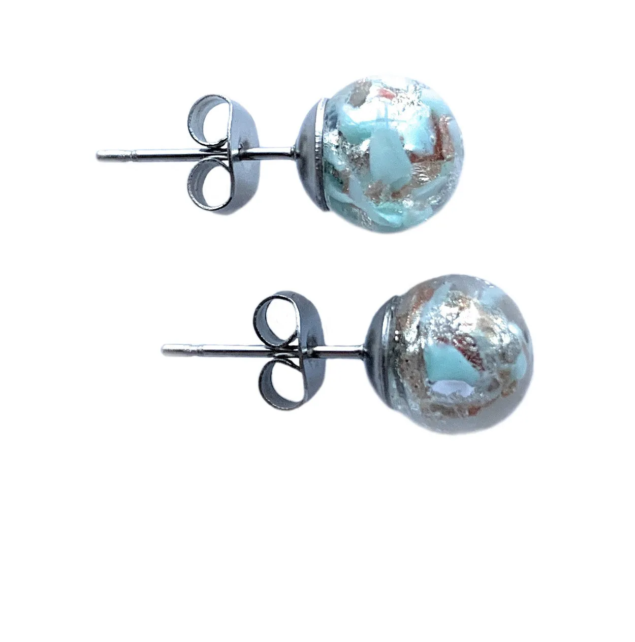 Earrings with blue pastel, aventurine, white gold Murano glass sphere studs on surgical steel posts