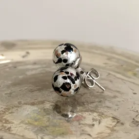 Earrings with clear crystal and black spots Murano glass sphere studs on surgical steel posts