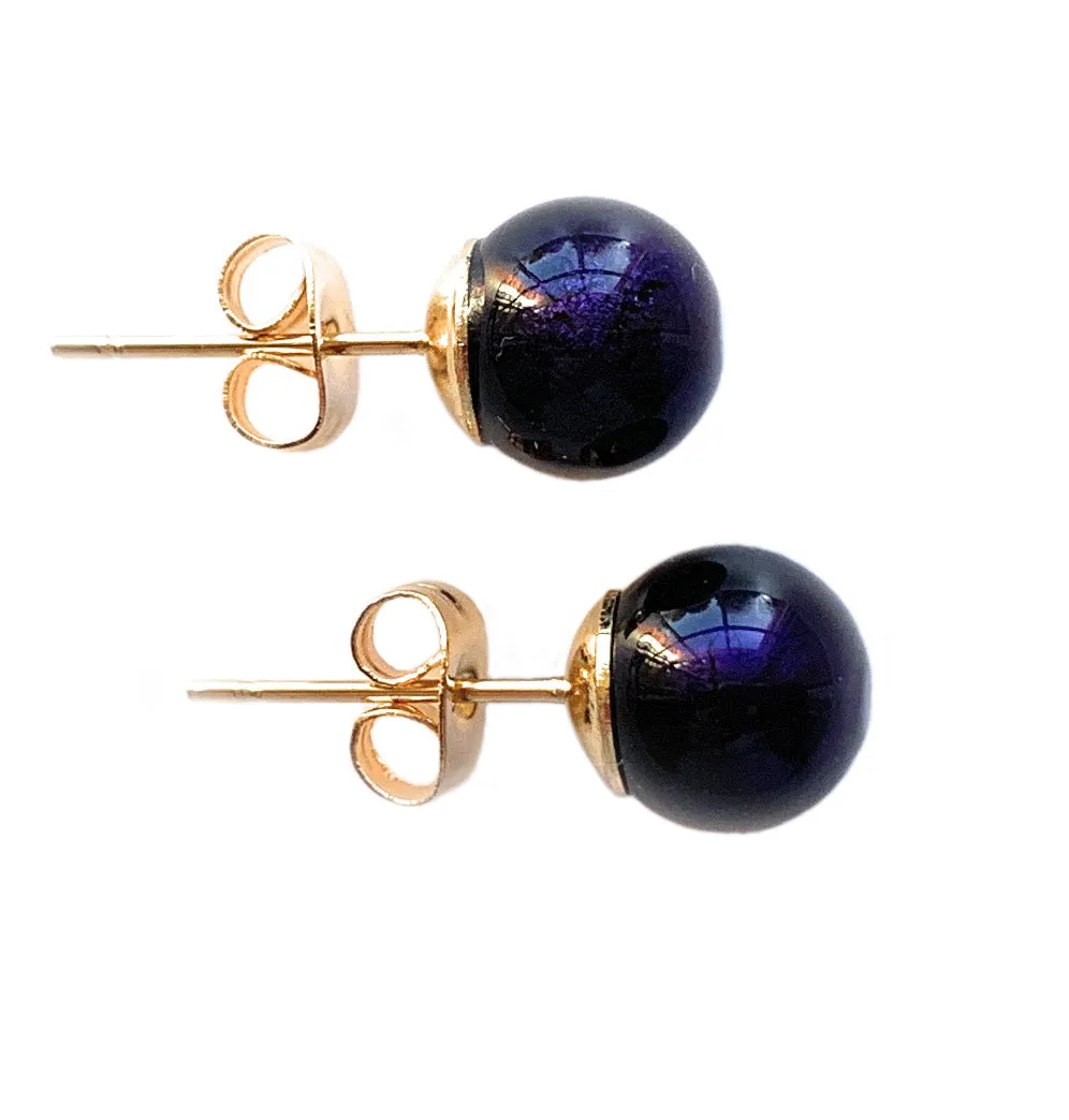 Earrings with purple velvet Murano glass sphere studs on 24ct gold plated posts