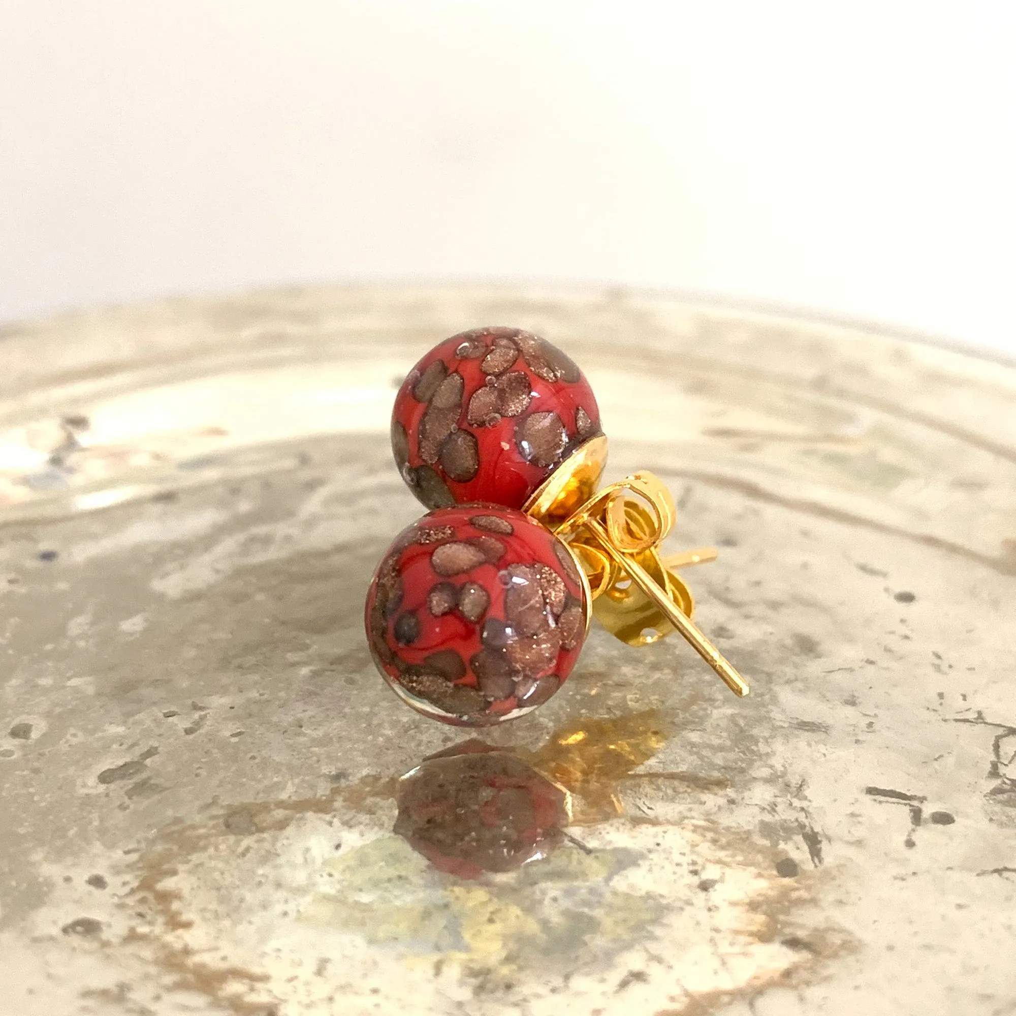 Earrings with red pastel aventurine Murano glass sphere studs on 24ct gold plated posts