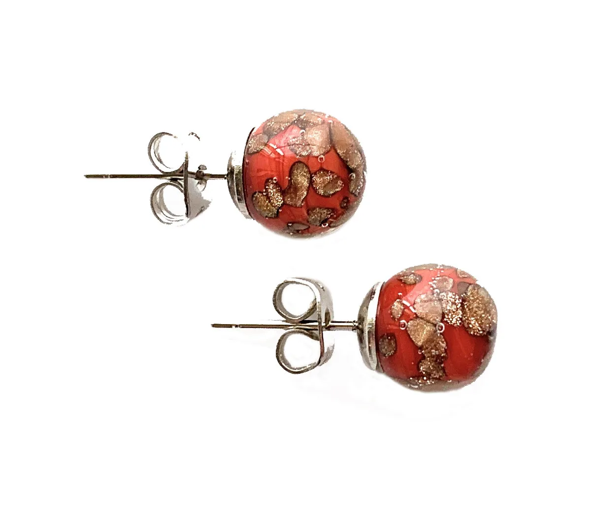 Earrings with red pastel aventurine Murano glass sphere studs on 24ct gold plated posts