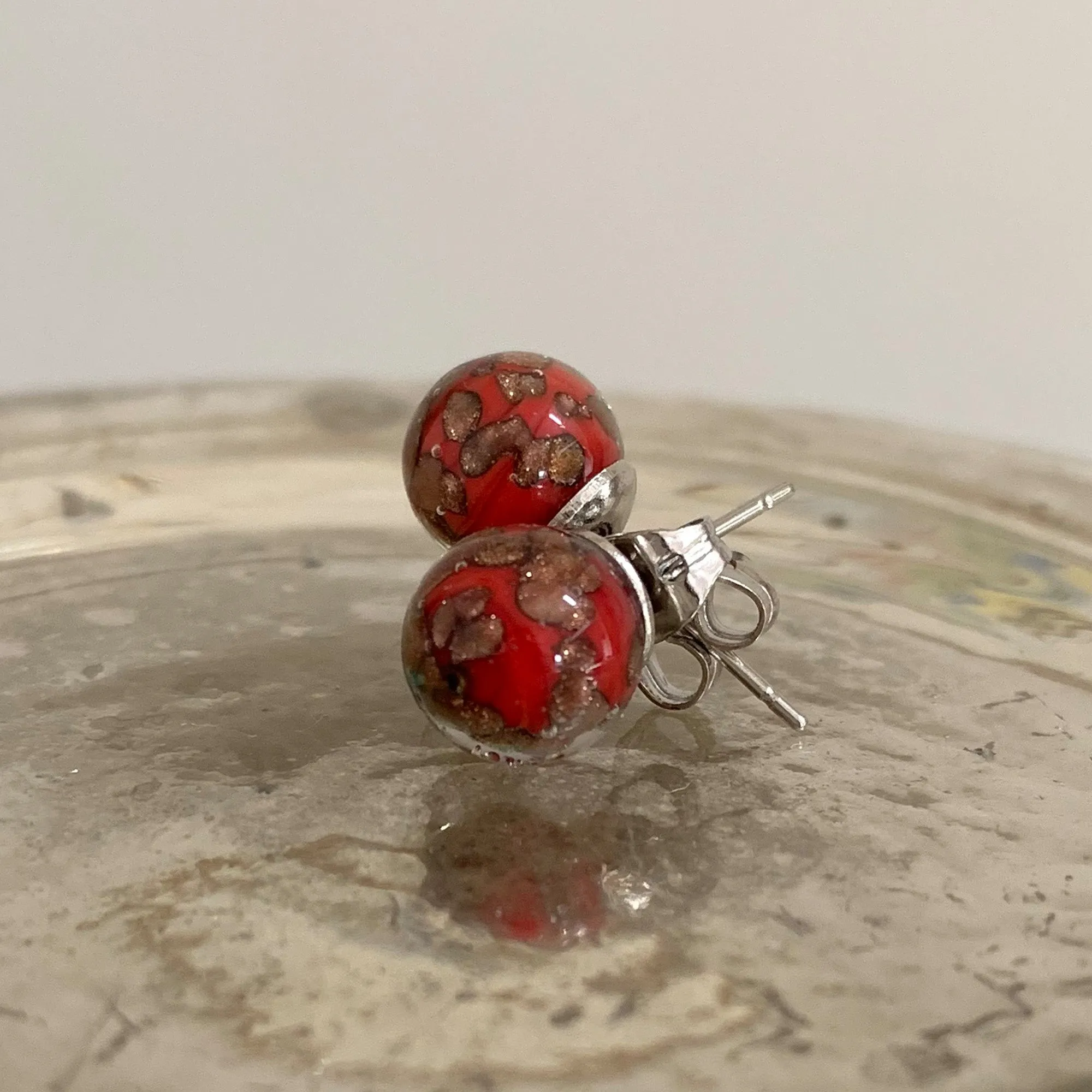 Earrings with red pastel aventurine Murano glass sphere studs on 24ct gold plated posts