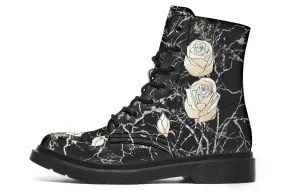 Ivory Kintsugi Rose Boots - Vegan Leather Doc-Style Boots with Durable Stitched on Soles