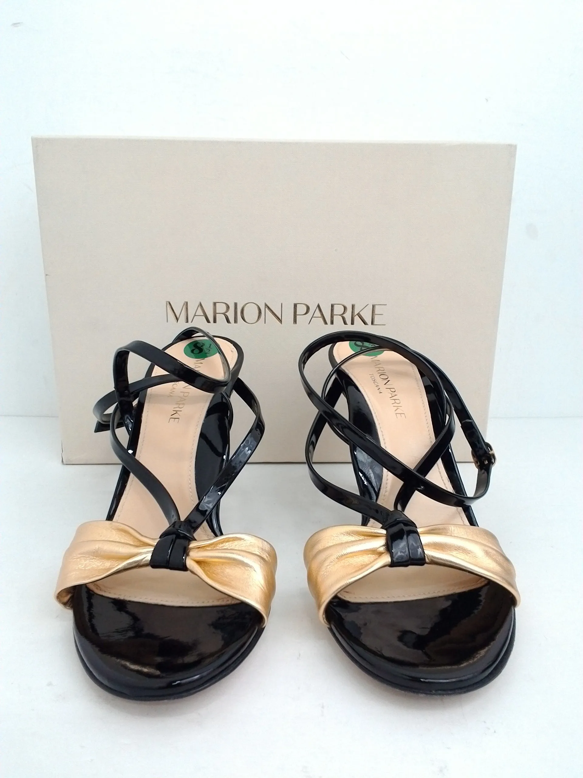 Marion Parke Toscana Women's Lucy Napa Patent Gold/Black Heeled Sandal Size 38.5