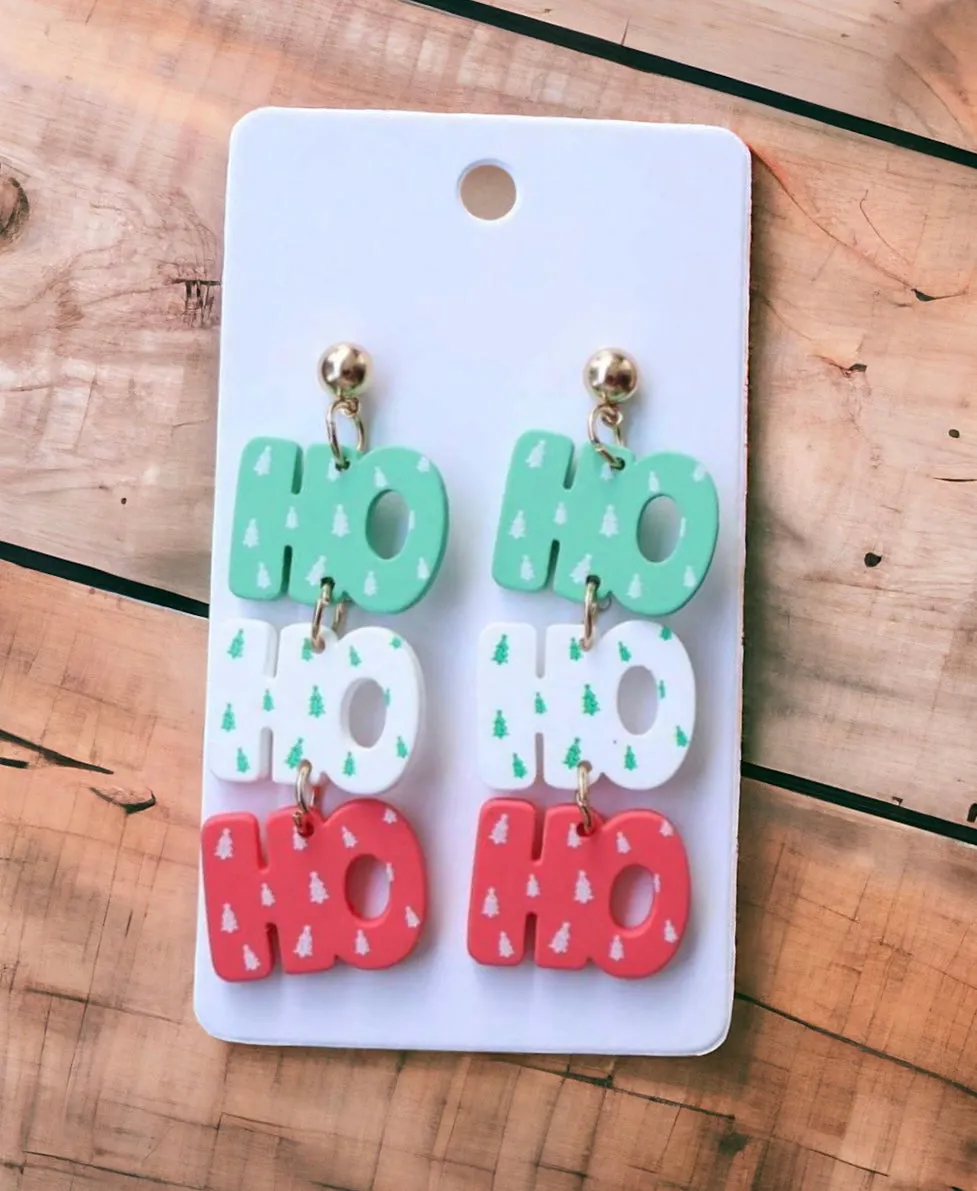 "Ho Ho Ho" Red, White, and Green Holiday Stud Drop Earrings