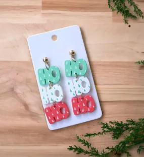 "Ho Ho Ho" Red, White, and Green Holiday Stud Drop Earrings