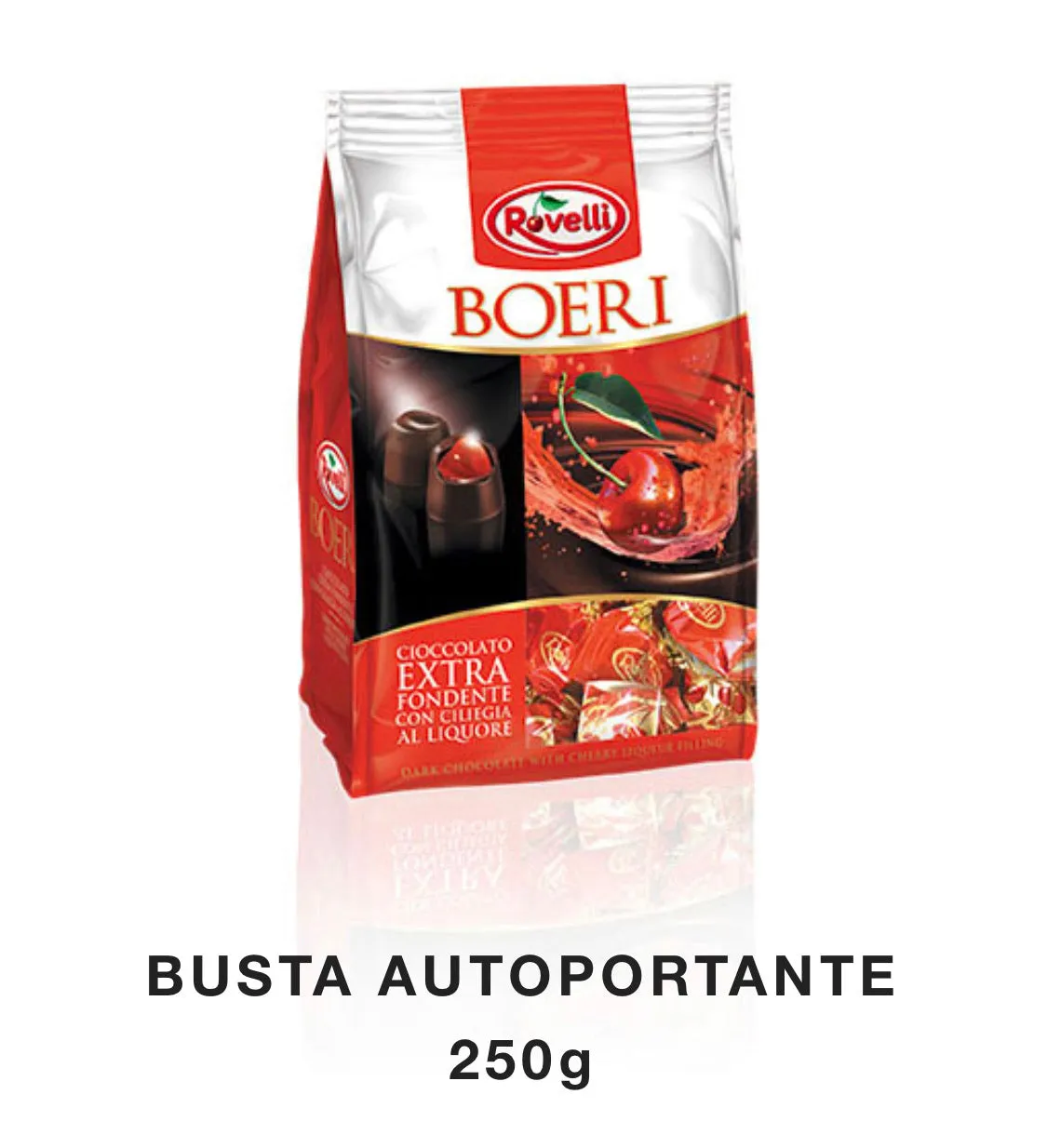 Rovelli Boeri 250gr  EXTRA DARK CHOCOLATE PRALINE WITH SOFT CHERRY (12/Packs Per Case )