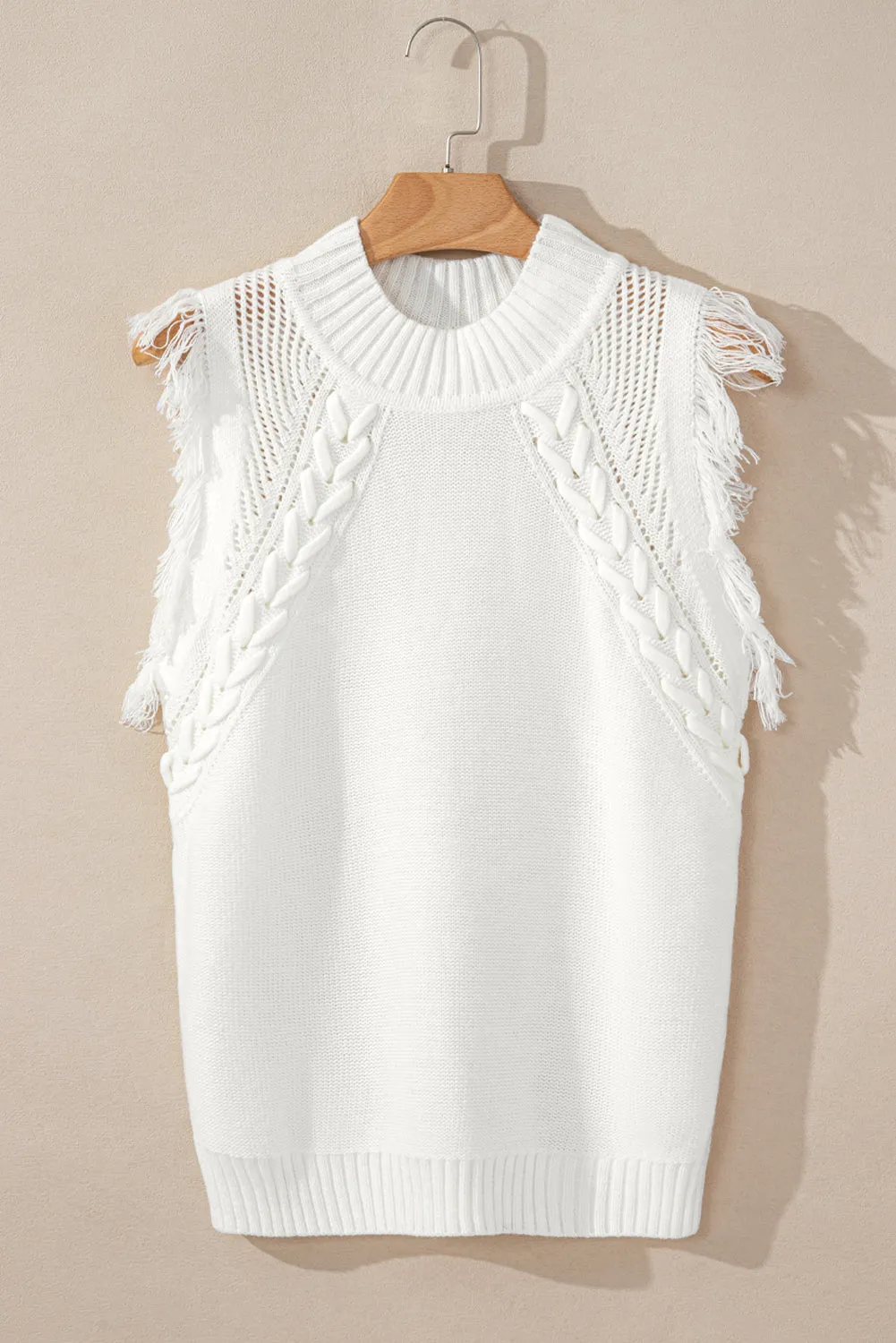 White Woven Tasseled Sleeveless Mock Neck Sweater Vest