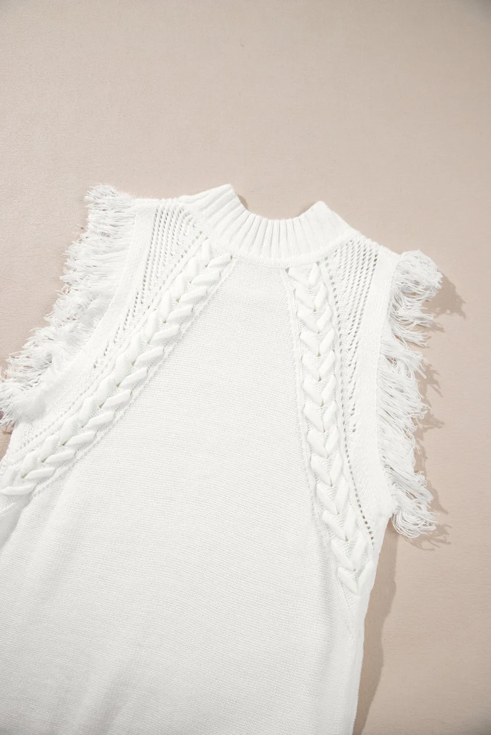 White Woven Tasseled Sleeveless Mock Neck Sweater Vest