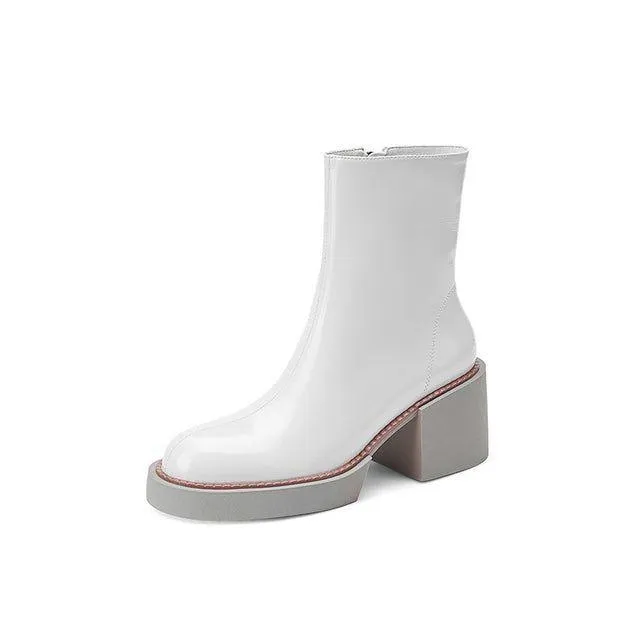 Women's White Casual Shoes GCSJHS52 Leather Platform Chunky Boots