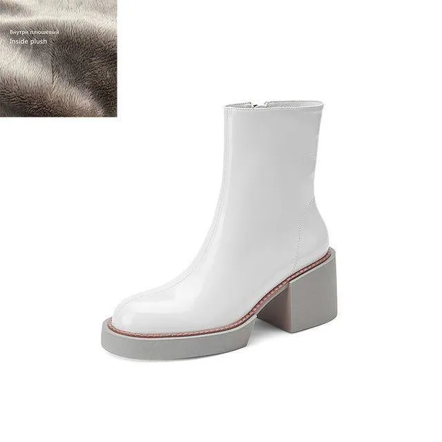 Women's White Casual Shoes GCSJHS52 Leather Platform Chunky Boots